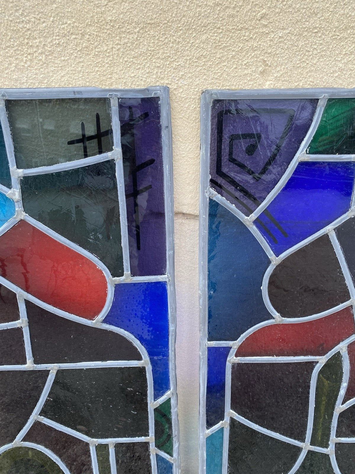 Vintage "Yo" & Door Art Deco Blue & Red Leaded Stained Glass Window 43x15 - 4 Pc