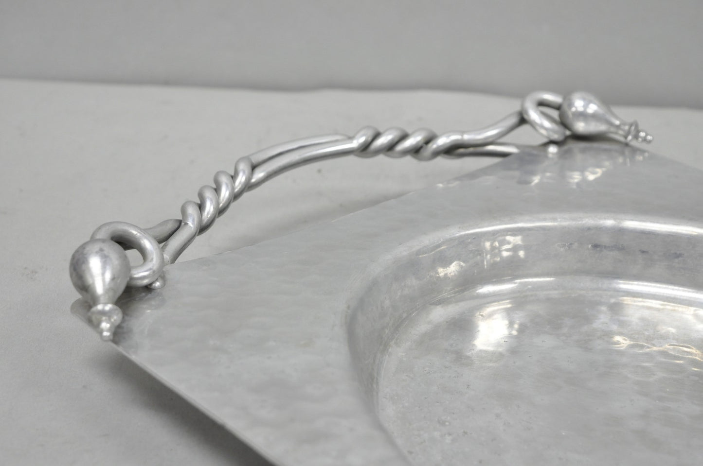 Vintage Buenilum Art Nouveau Hand Hammered Aluminum Serving Tray w Tulip Handles