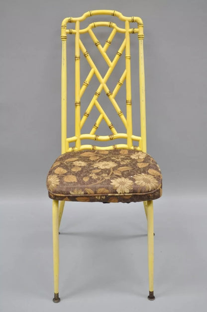 Hollywood Regency Chinese Chippendale Yellow Metal Faux Bamboo Dining Side Chair