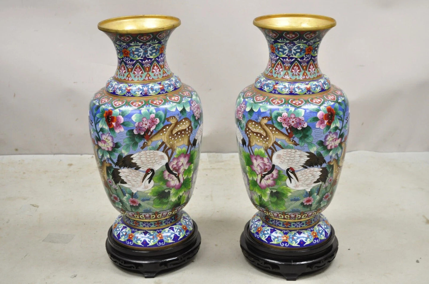 Vintage Chinese Cloisonné Porcelain Enamel Figural Crane and Deer Vase - a Pair