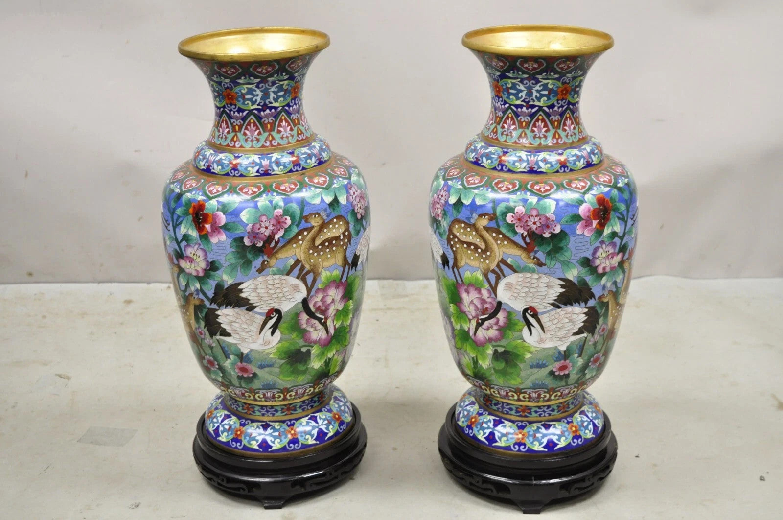 Vintage Chinese Cloisonné Porcelain Enamel Figural Crane and Deer Vase - a Pair