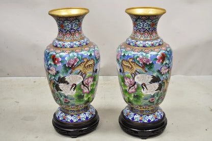 Vintage Chinese Cloisonné Porcelain Enamel Figural Crane and Deer Vase - a Pair