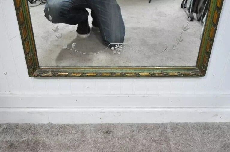 Antique French Louis XV Style Green & Gold Carved Drape Floral Etched Mirror