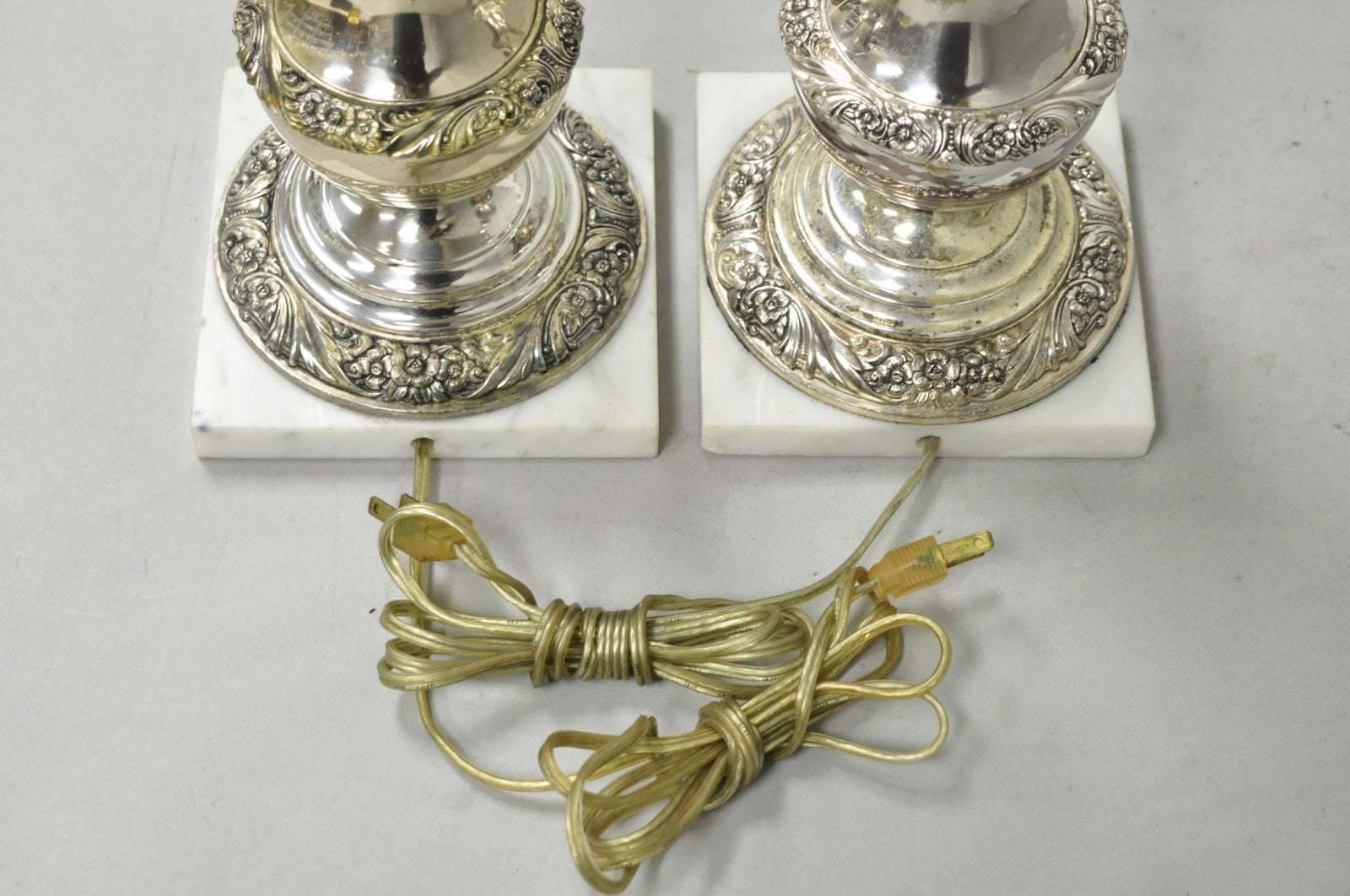 International Victorian Silver Plate Floral Repousse Candlestick Table Lamp Pair
