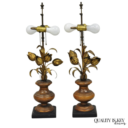 Vintage Italian Hollywood Regency Gold Gilt Iron Flower Bouquet Table Lamps Pair