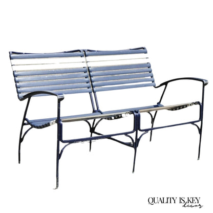Vintage Mid Century Modern Faux Bamboo Aluminum Vinyl Strap Blue Patio Loveseat