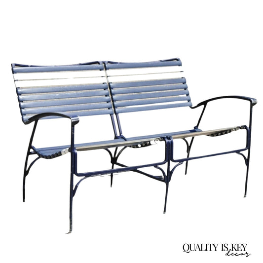 Vintage Mid Century Modern Faux Bamboo Aluminum Vinyl Strap Blue Patio Loveseat