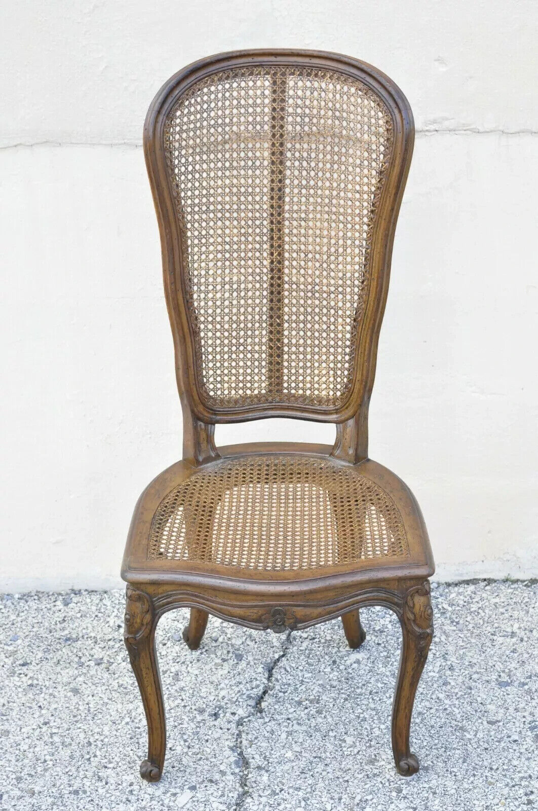 Vintage French Provincial Louis XV Walnut Cane Dining Side Chairs - Set of 6