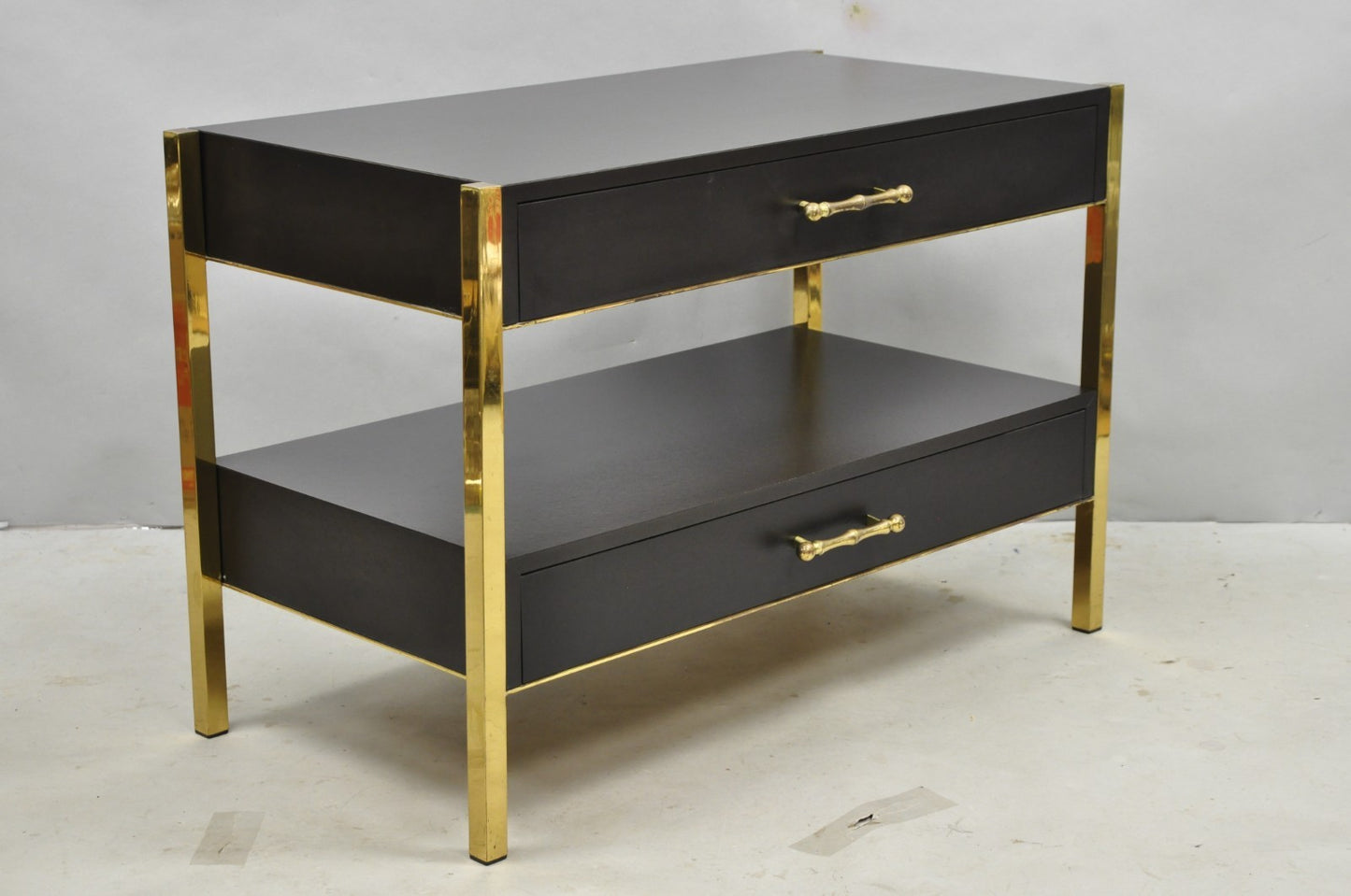 Contemporary Modern Black & Brass Faux Bamboo Nightstand Bedside Table - a Pair