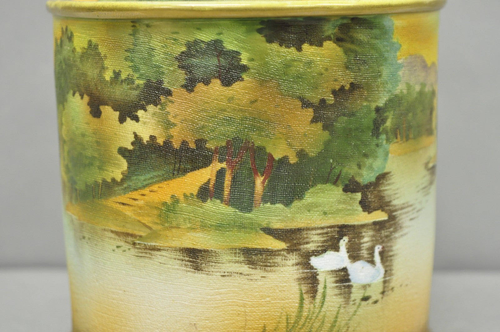 Antique Nippon Hand Painted Coralene Porcelain Lake Duck Scene Biscuit Jar