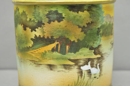 Antique Nippon Hand Painted Coralene Porcelain Lake Duck Scene Biscuit Jar