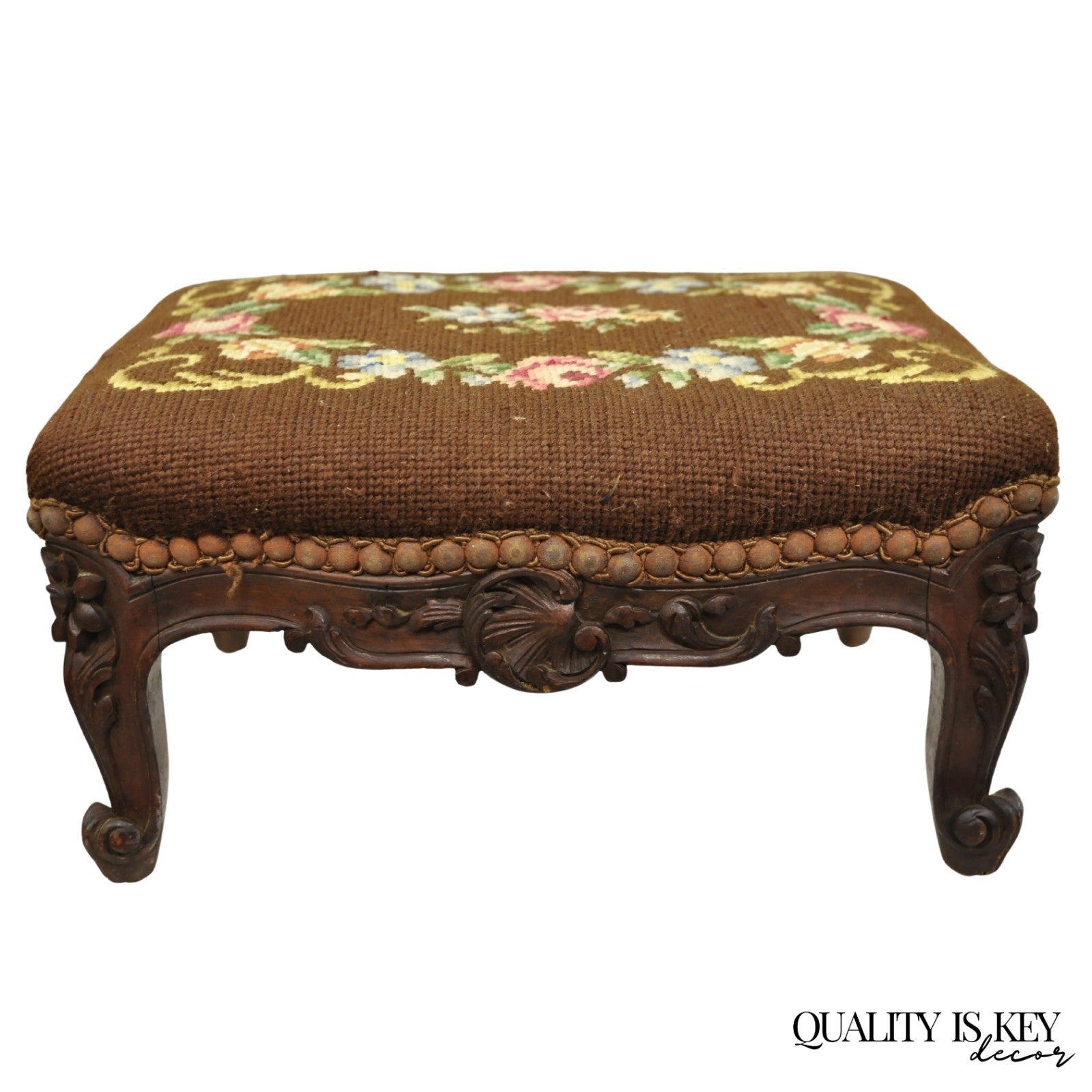 French Country Louis XV Carved Walnut Needlepoint Petite Footstool Ottoman