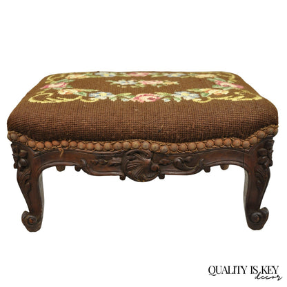 French Country Louis XV Carved Walnut Needlepoint Petite Footstool Ottoman