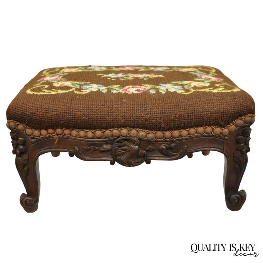 French Country Louis XV Carved Walnut Needlepoint Petite Footstool Ottoman