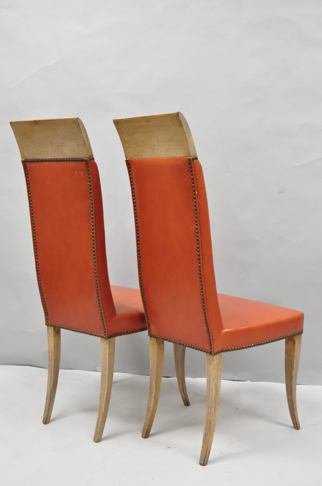 Vintage French Art Deco Gio Ponti Style High Back Pickled Wash Side Chair - Pair