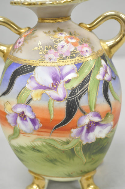 Antique Nippon Moriage Hand Painted Porcelain Purple Iris & Gold Gilt Vase Pair
