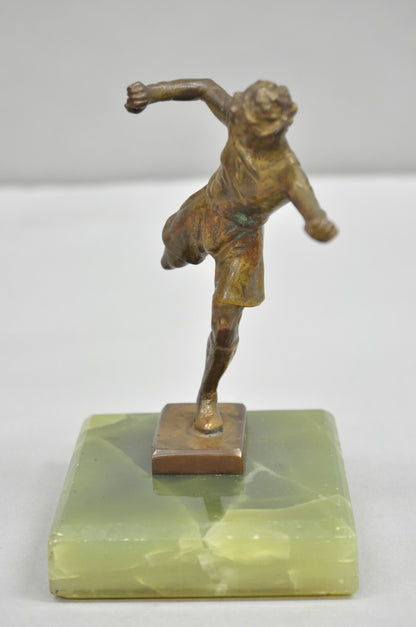 Antique Art Deco Small 6" Bronze Onyx Base Soccer Futbol Player Sculpture Figure