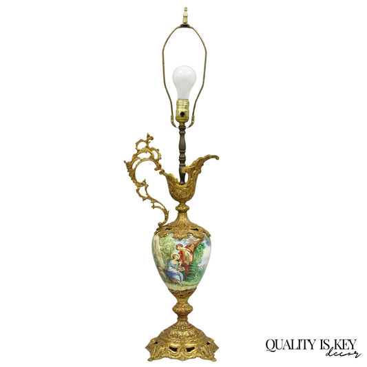 Vintage French Renaissance Style Painted Porcelain Urn Brass Ewer Table Lamp