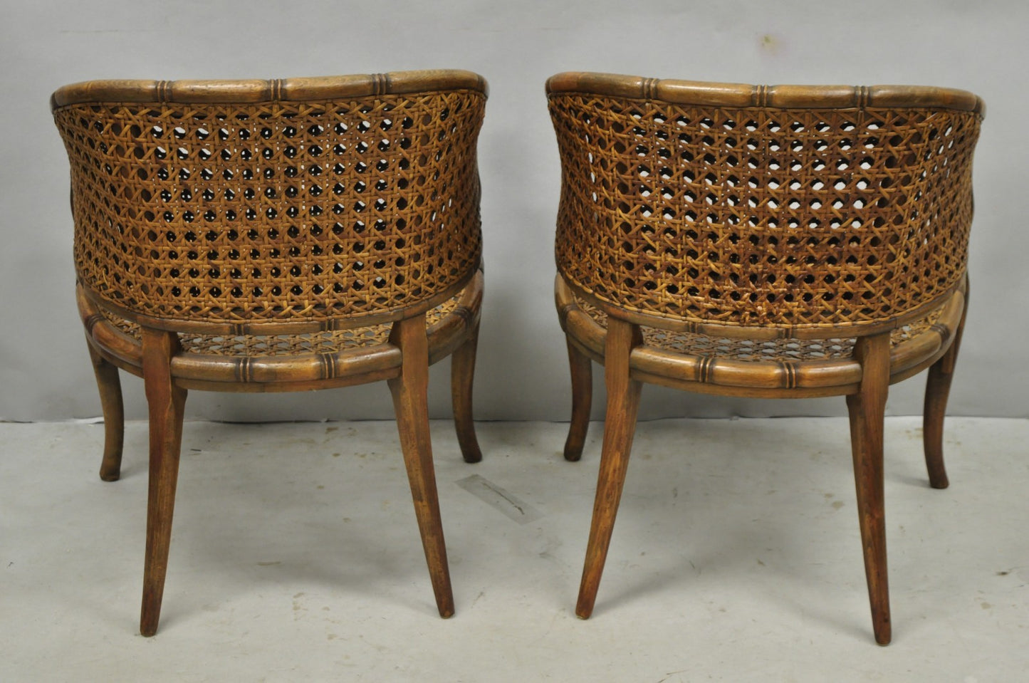 Vintage Hollywood Regency Faux Bamboo Wood & Cane Barrel Back Lounge Chair, Pair