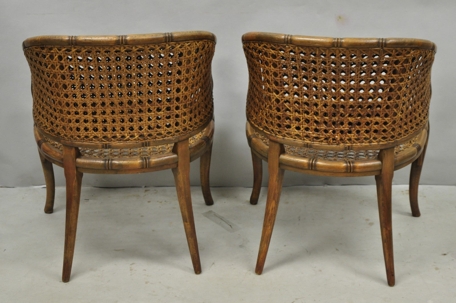 Vintage Hollywood Regency Faux Bamboo Wood & Cane Barrel Back Lounge Chair, Pair