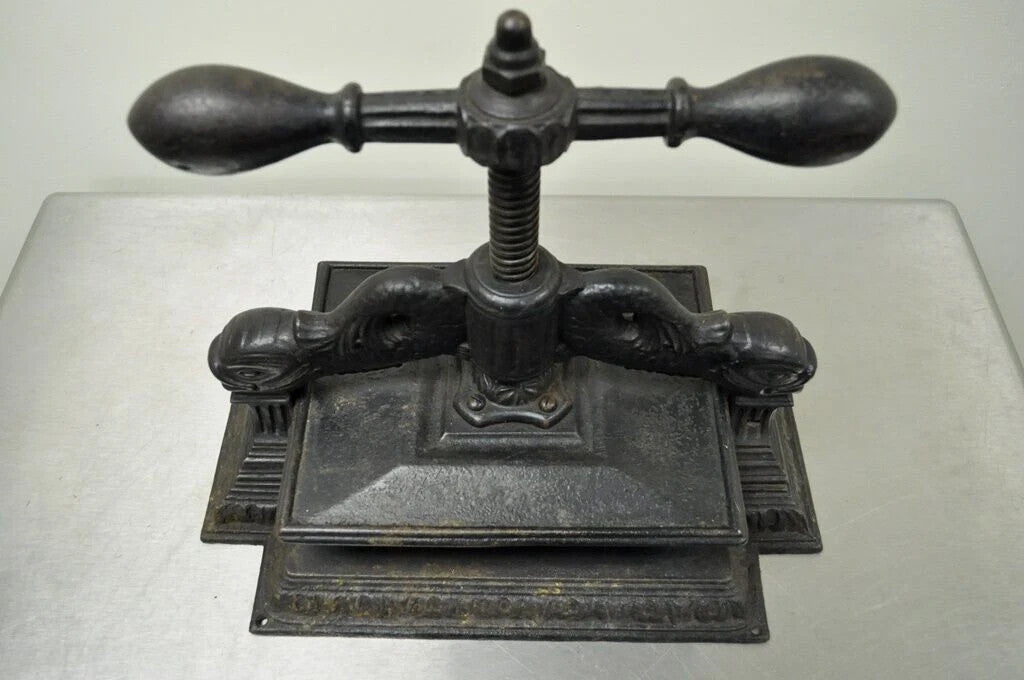 Antique 19th C. Cast Iron Classical Figural Dolphin Victorian Book Press