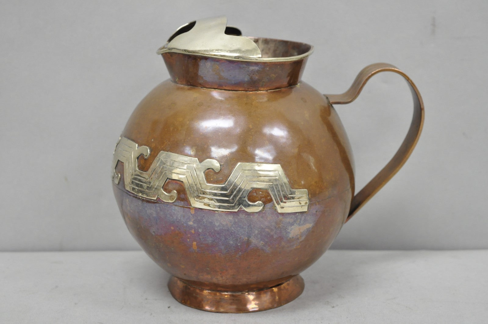 Vintage Artesanias Taxco Mexico Primitive Water Pitcher Silver Mounted Copper