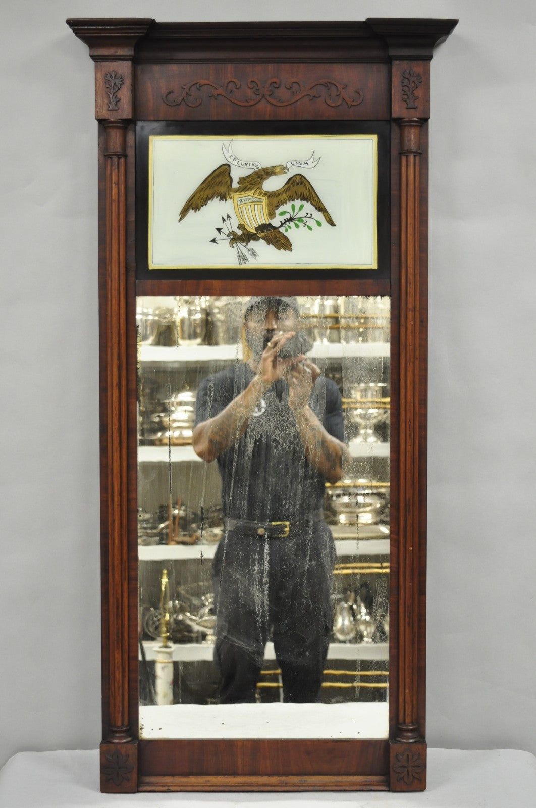 Antique American Federal Mahogany Reverse Painted Eagle Trumeau Wall Mirror