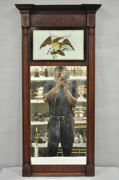 Antique American Federal Mahogany Reverse Painted Eagle Trumeau Wall Mirror