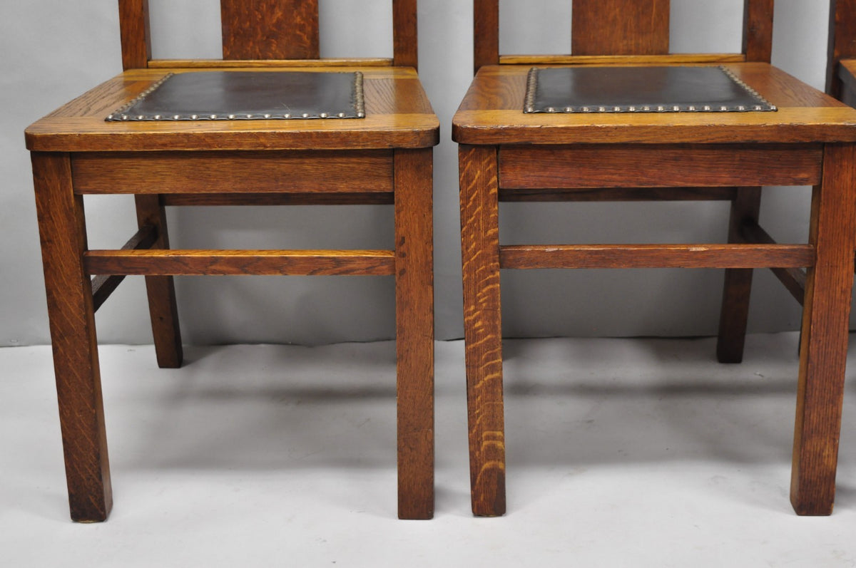 Antique Mission Oak Arts & Crafts T-Back Limbert Style Dining Chairs - Set of 4