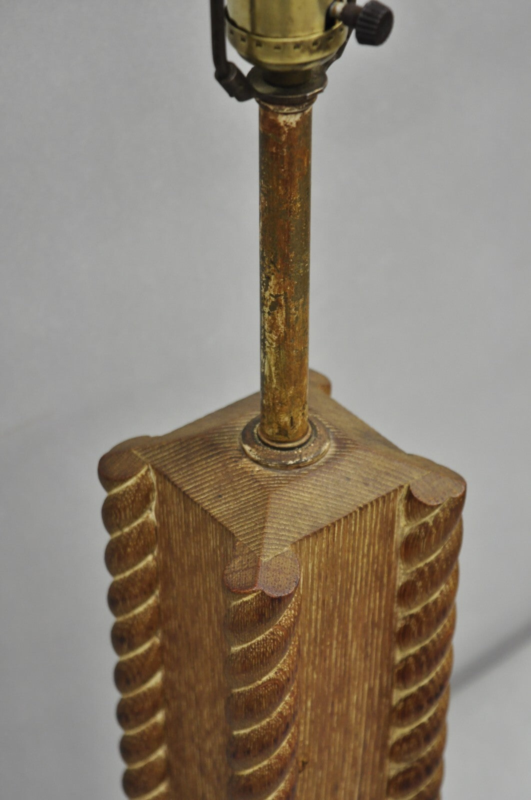 Vintage James Mont Style Mid Century Modern Cerused Oak Spiral Carved Table Lamp
