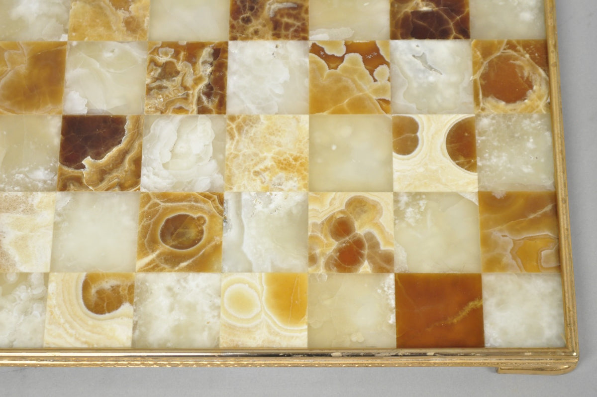 Vintage Mid Century Modern Mosaic Brown Onyx Stone Chess Game Checkerboard