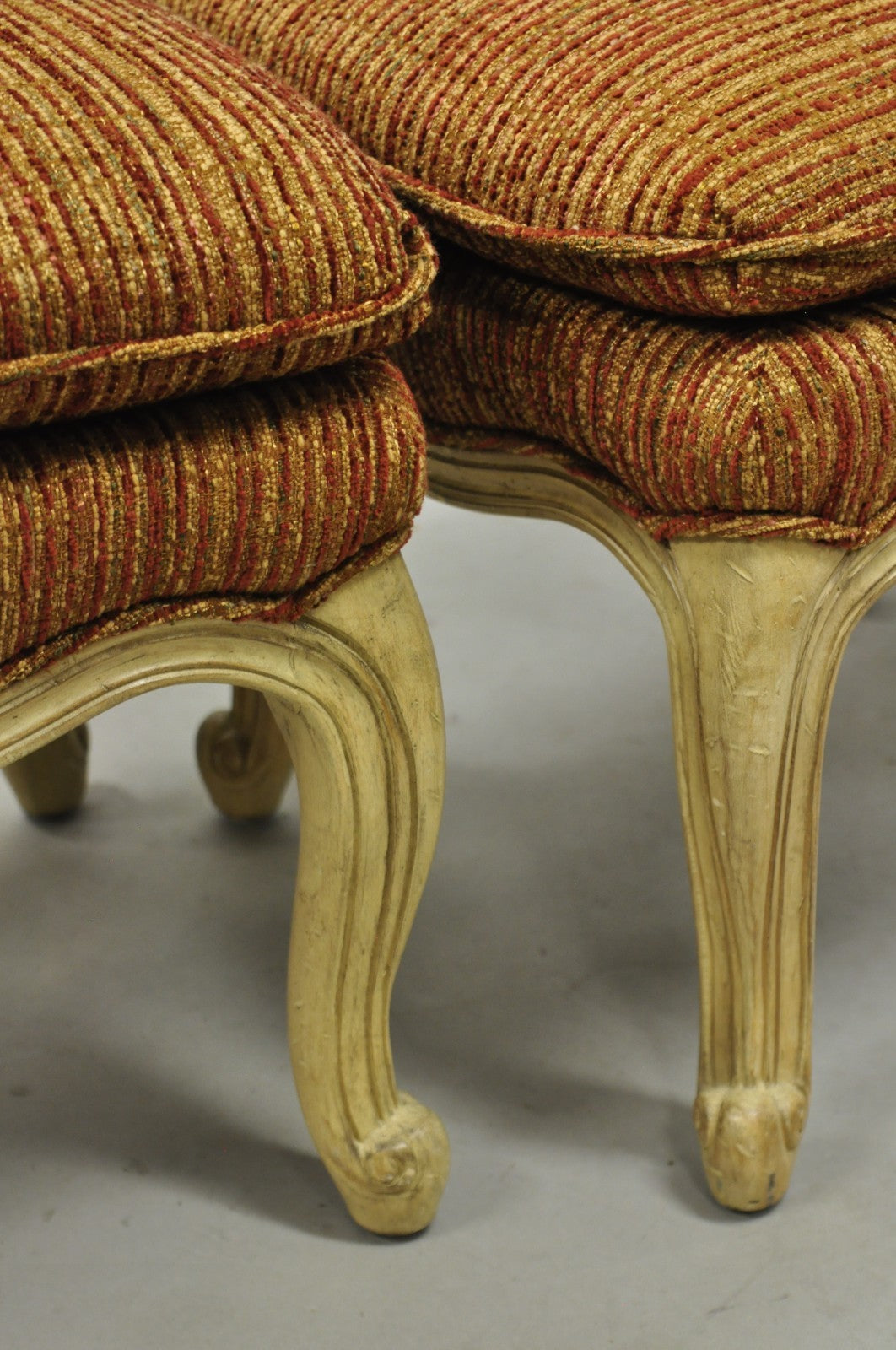 French Country Provincial Cabriole Leg Orange Square Footstool Ottoman Pair