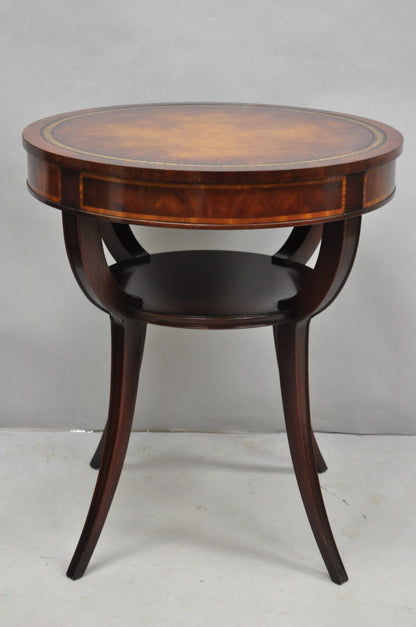 Vintage Weiman French Regency Round Mahogany Leather Top Saber Leg Side Table