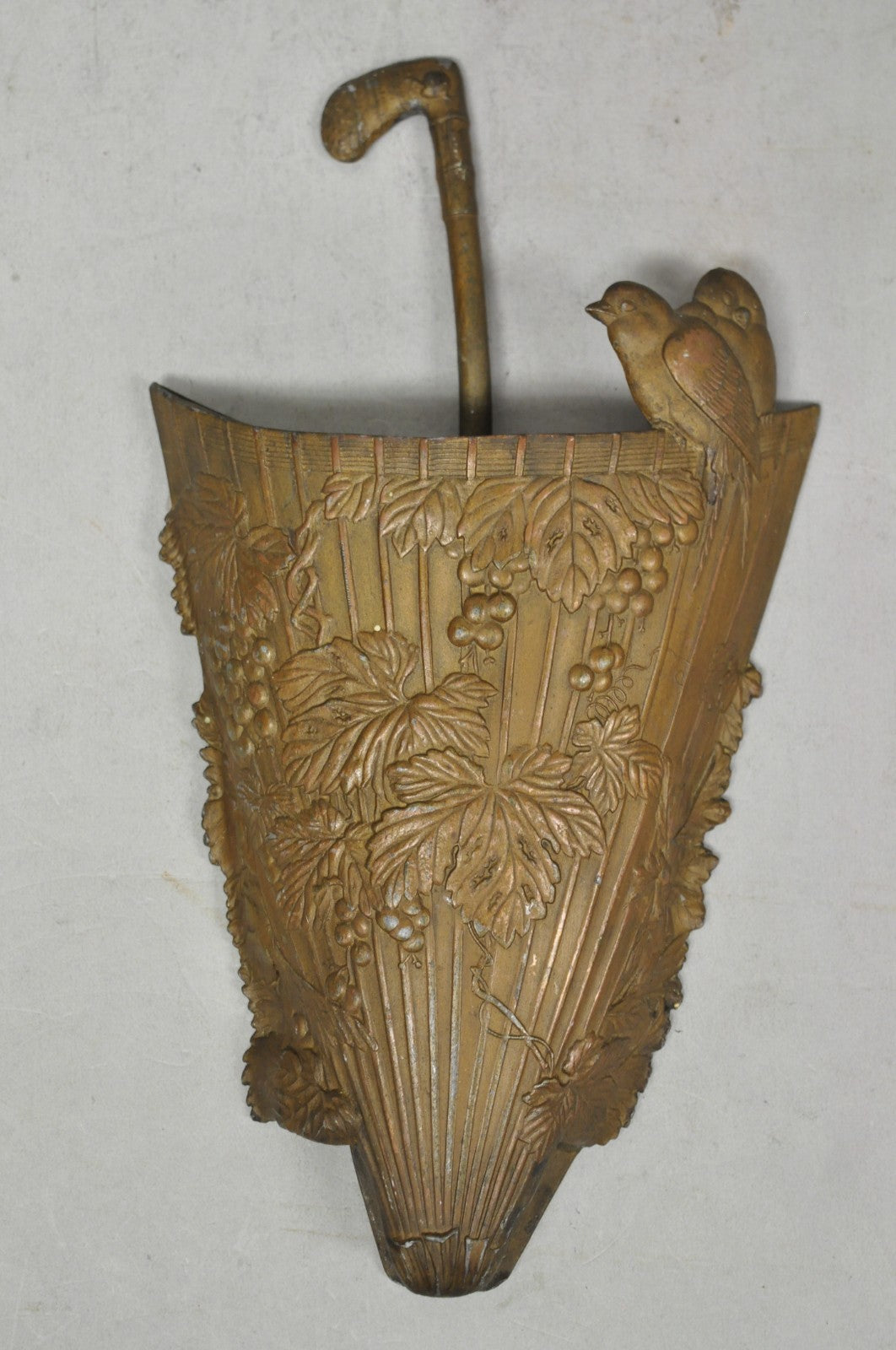 Antique French Art Nouveau Cast Metal Figural Umbrella Form Wall Pocket