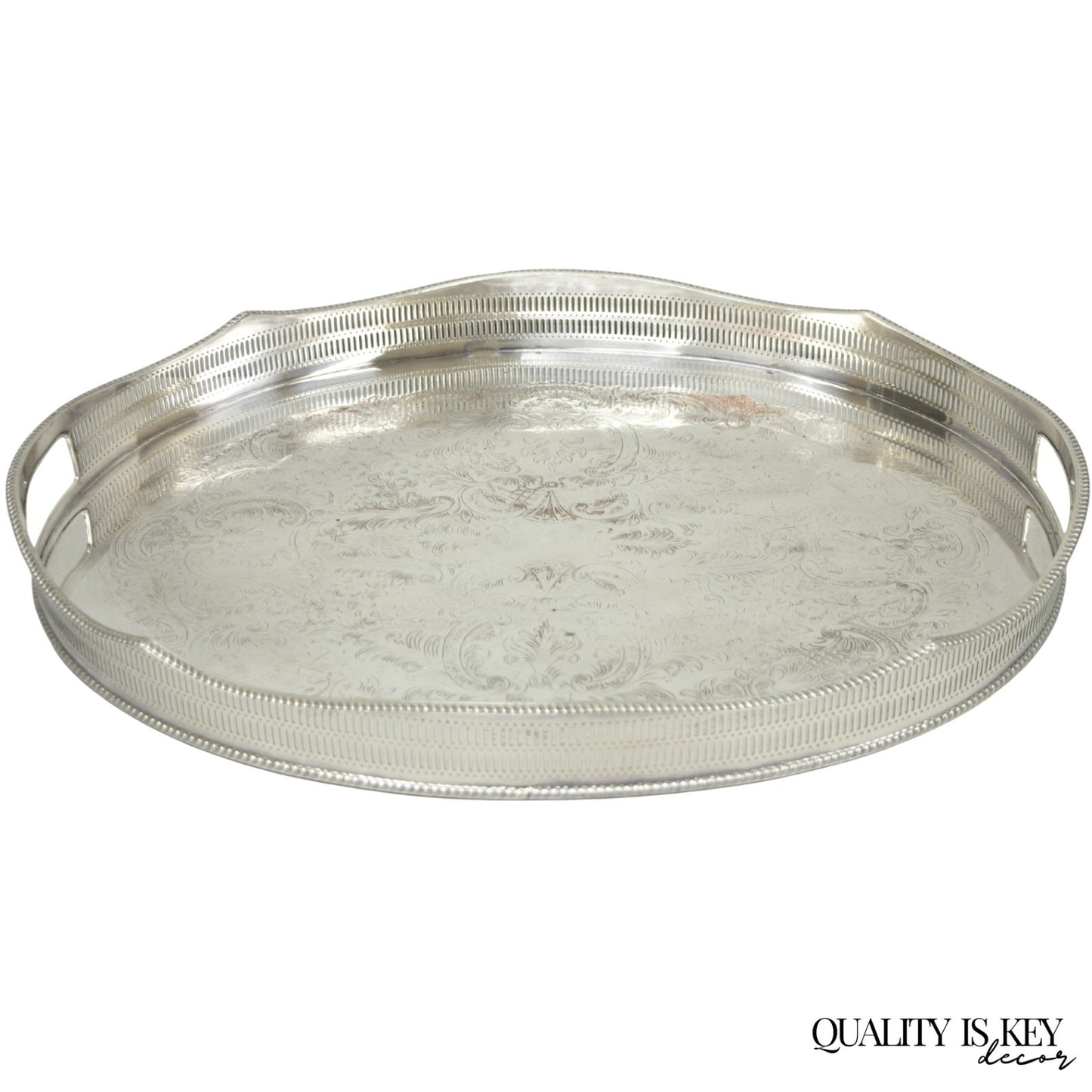 Vintage English Edwardian Silver Plated Oval Scalloped Gallery Bar Platter Tray