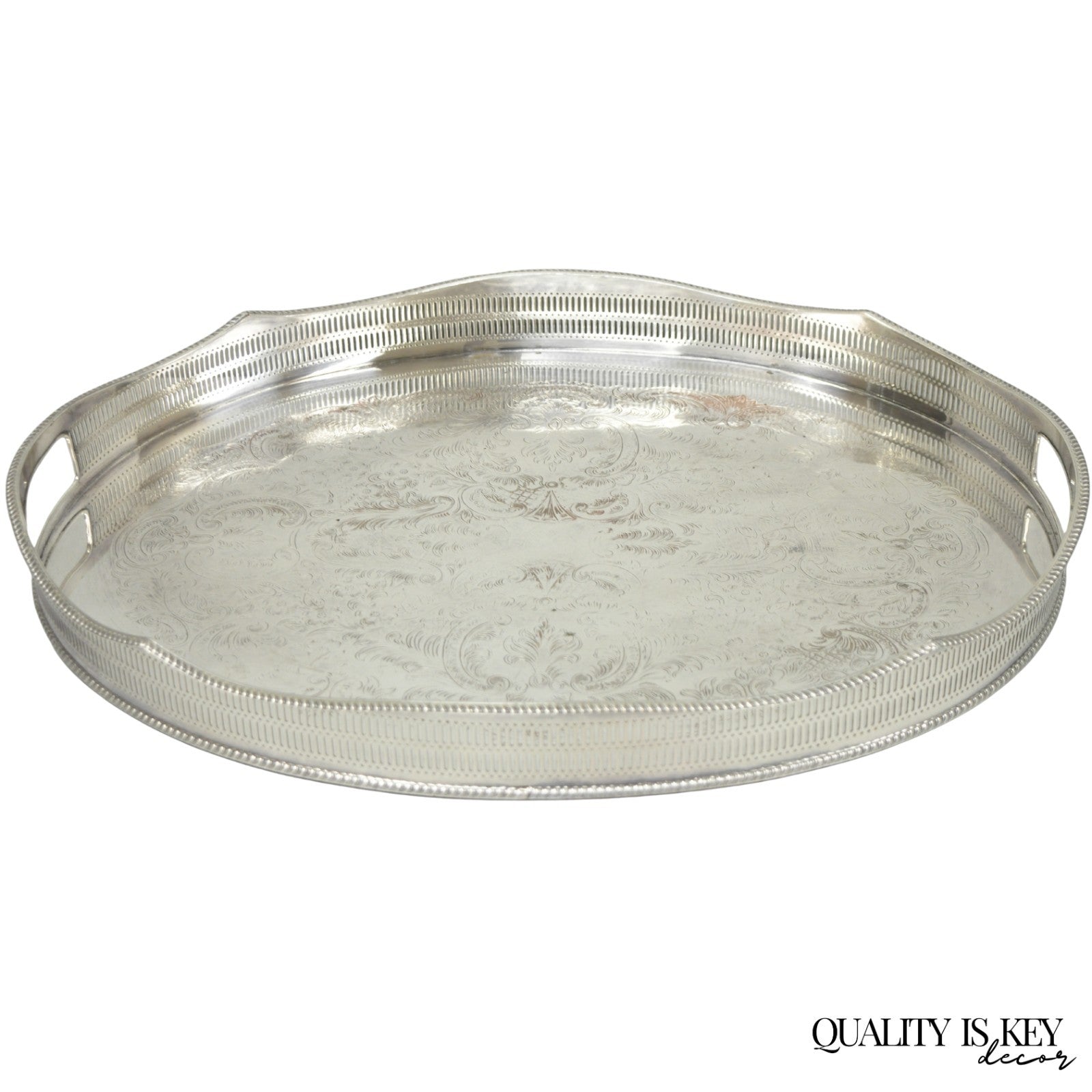 Vintage English Edwardian Silver Plated Oval Scalloped Gallery Bar Platter Tray