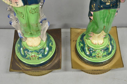 Vintage Art Deco Japanese Figural Green Porcelain Man & Women Table Lamps - Pair