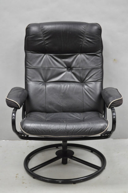 Vintage Black Leather Ekornes Stressless Style Swivel Recliner Lounge Chair