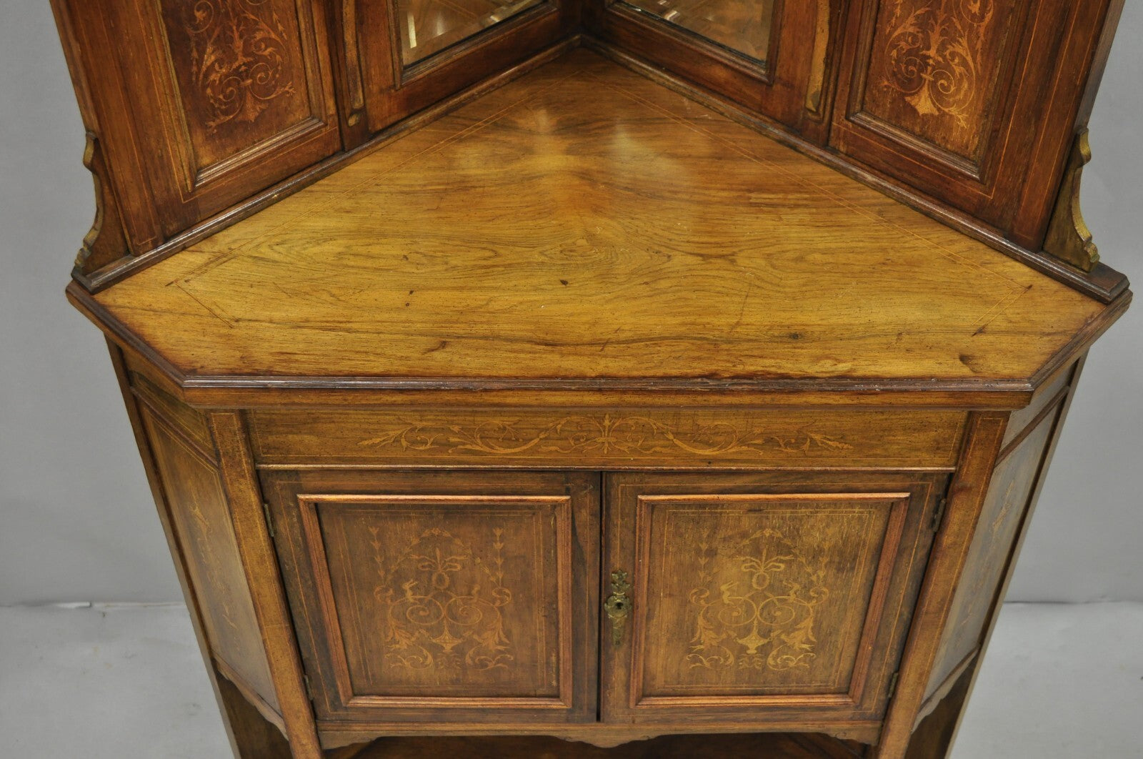 Antique French Victorian Inlaid Mahogany Corner China Cabinet Display Curio