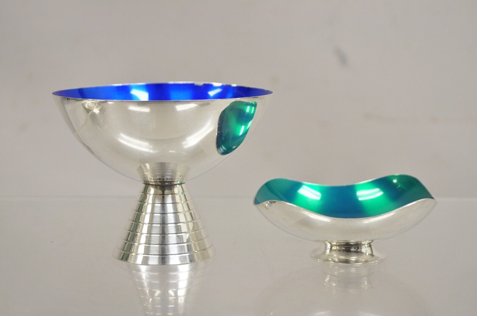 Mid Century Danish Modern Blue Green Red Silver Plated Enamel Compote - 3 Pc