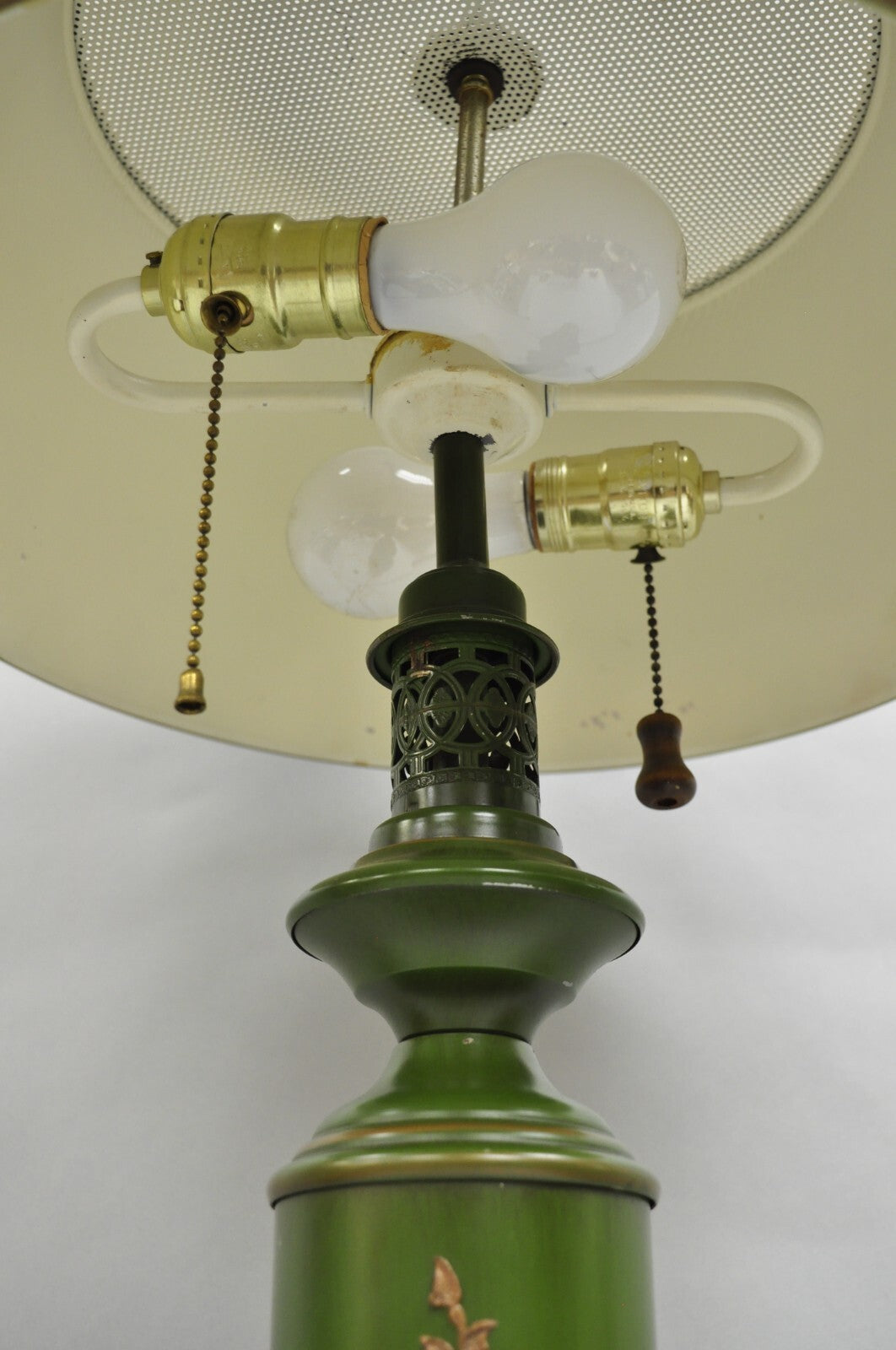 Vintage French Country Green Tole Metal Tall Lantern Table Lamp with Shade
