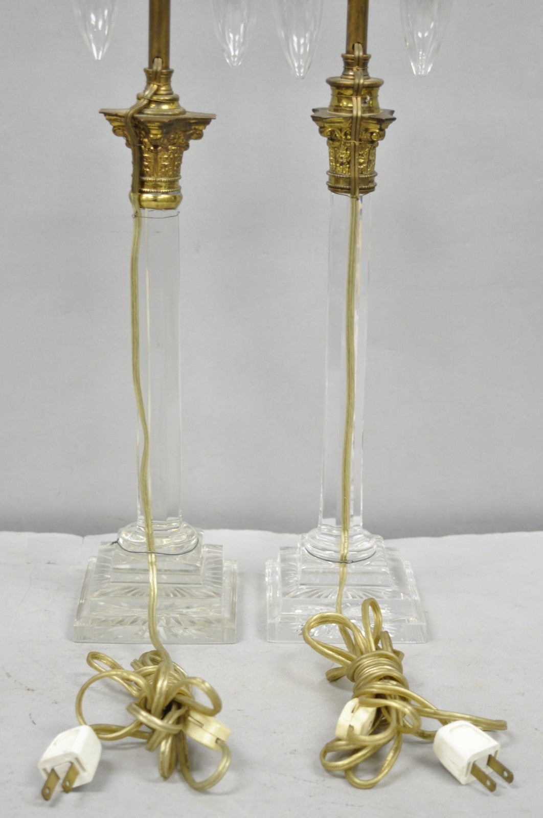 Antique Brass Corinthian Column Crystal Glass Candlestick Small Table Lamps Pair
