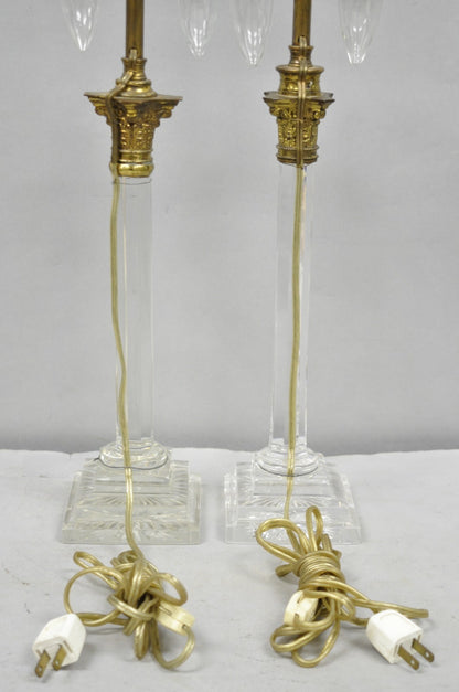 Antique Brass Corinthian Column Crystal Glass Candlestick Small Table Lamps Pair