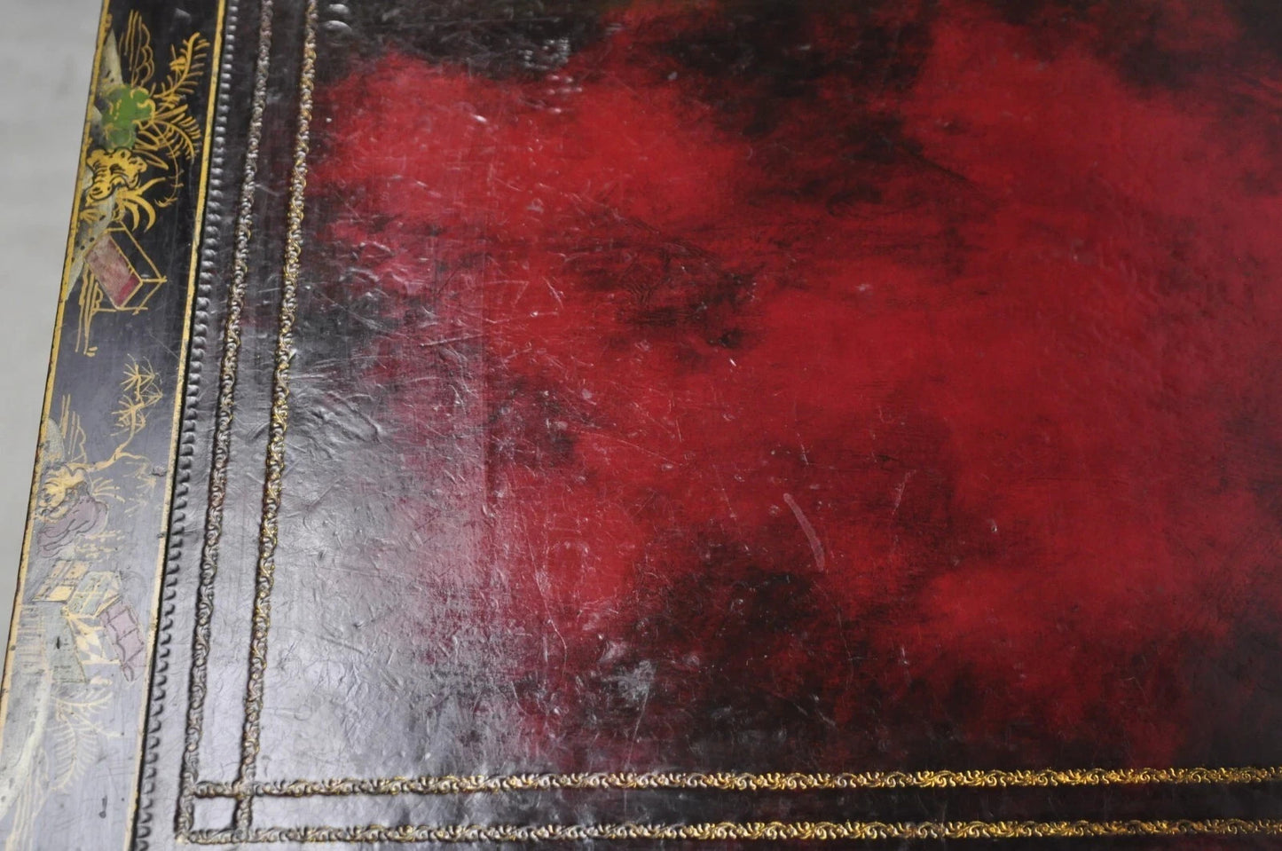 Vintage Chinoiserie Black Lacquered Red Leather Top 2 Tier End Tables - a Pair