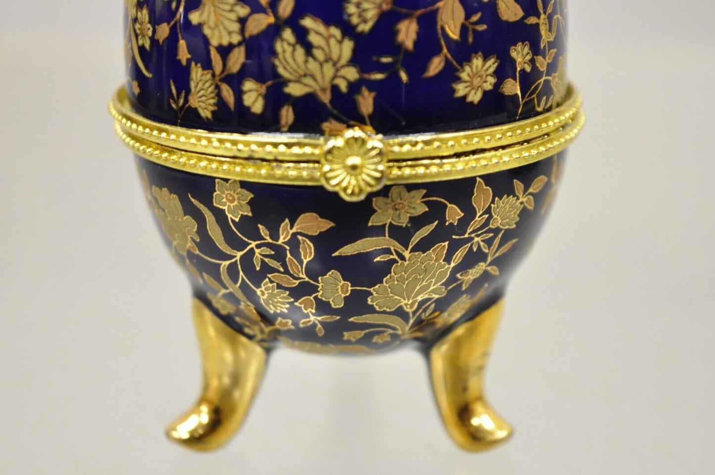 Cobalt Blue Porcelain Egg Gold Gilt Hinged Lid Candle Trinket Box - 2 Pcs