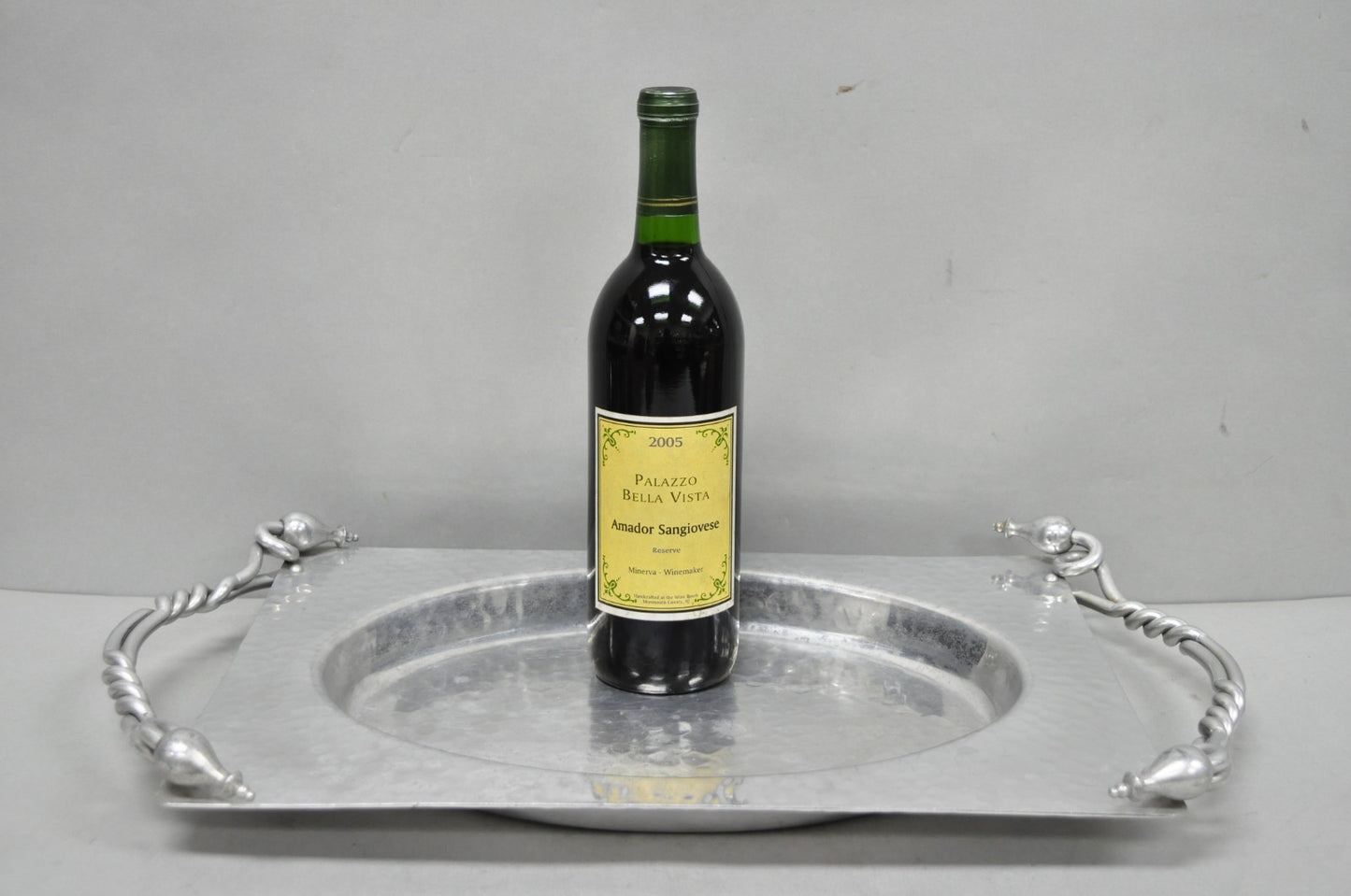 Vintage Buenilum Art Nouveau Hand Hammered Aluminum Serving Tray w Tulip Handles