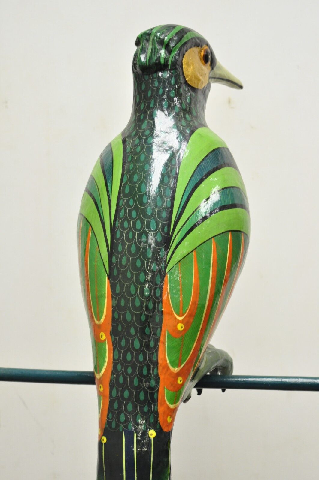 Signed Sergio Bustamante Paper Mache Green Parrot Bird Hanging Sculpture