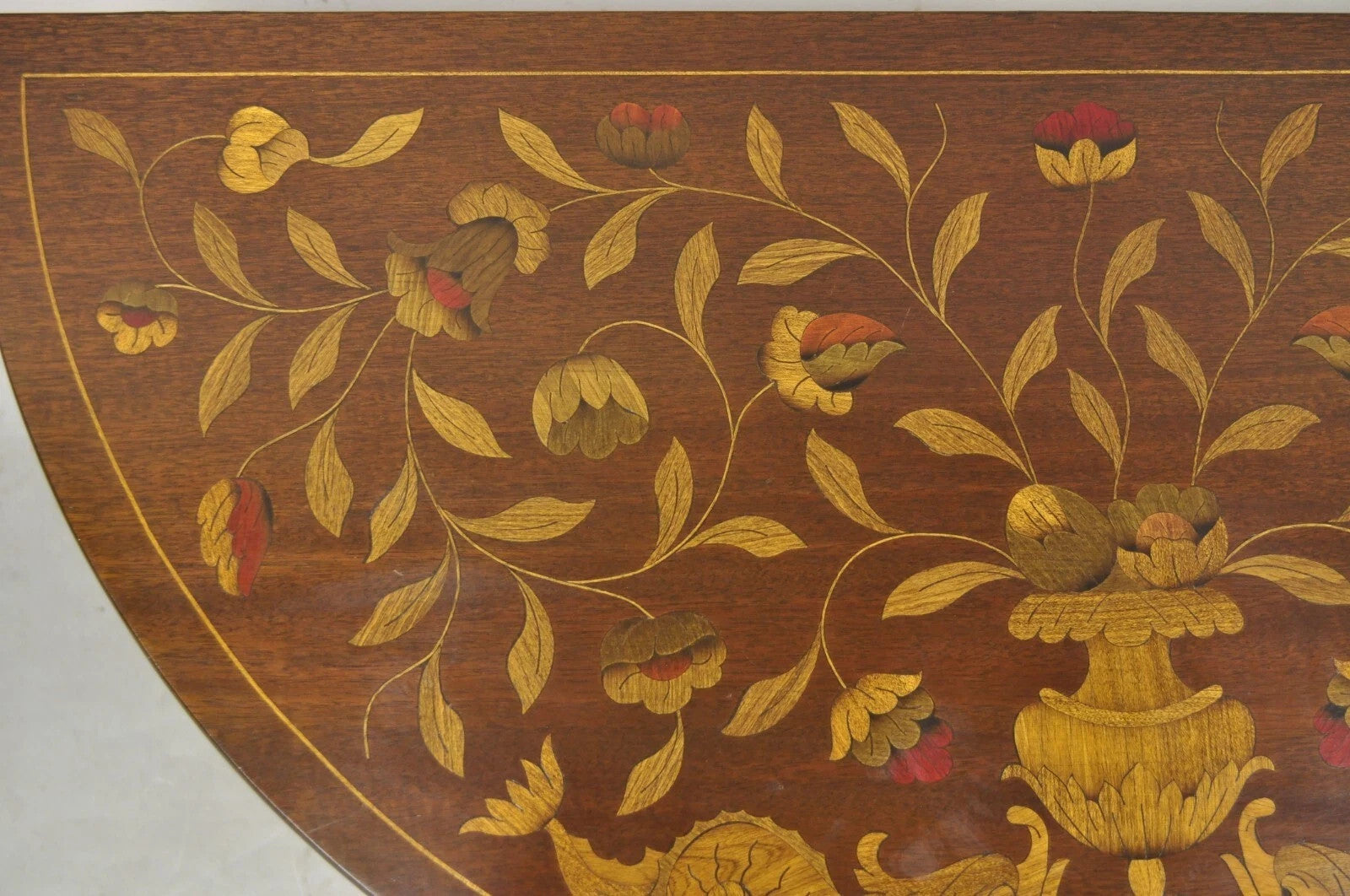 Antique Dutch Marquetry Inlay Flip Top Demilune Round Console Game Table