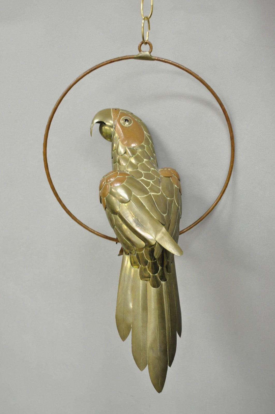 Vintage Sergio Bustamante Style Brass & Copper Parrot Swing Hanging Sculpture