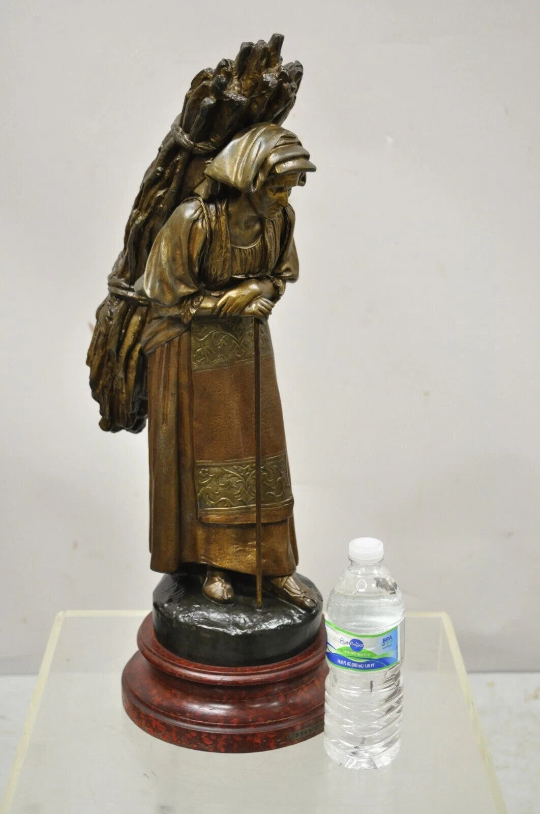Antique Hiver French Spelter Sculpture Statue of Woman Carrying Bundle of Sticks